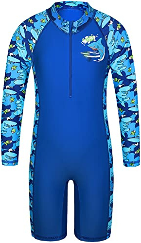 HUAANIUE Boys Kids Swimsuit 1 Piece Anti-UV UPF 50+ Kids Boys Long Sleeve Zipper Swim Suit 2-14 Years, S403-Fish Navy Blue, 10-11 Years