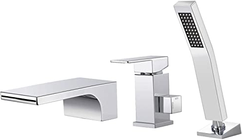 SHANFO Rubinetto per Vasca 3 Fori, Rubinetto per Bordo Vasca Cascata, Miscelatore Vasca da Bagno con Doccetta, Cromo, 6Y1OK