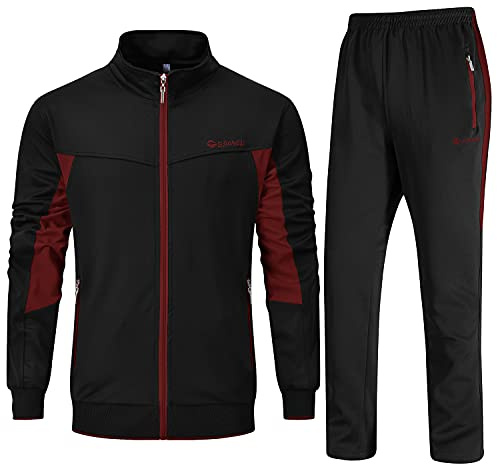 Rdruko Mens Long Sleeve Tracksuits, Wine Red and Black XL