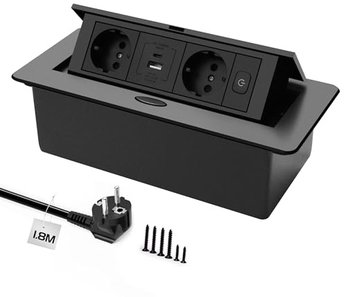 JACEPFY Versenkbare Steckdose, Einbausteckdose mit Type C 20W Schnelllade | Pop Up Tischsteckdose mit USB, Mit Schalter, 1,8M Kabel, für Küche Arbeitsplatte und Schreitisch