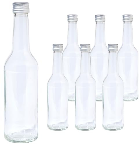 Vitrea 6 leere Glasflaschen 350ml Schraubverschluss Silber - Flaschen zum Befüllen mit Deckel - für Saft, Getränke, Likör, Öl, Saucen - 6 Stück, PP28, Gradhals