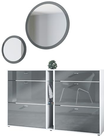 Vladon Garderoben-Set Florence mit Schuhschrank und 2 Wandspiegel, Made in Germany, Weiß matt/Grau Hochglanz