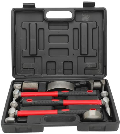 Tbest Kit Martello per Riparazione Carrozzeria Auto, Custodia per Trasporto Carrello per Lamiera in Lamiera 7 Pezzi Manico in Fibra di Lunga Durata Manutenzione Automobilistica