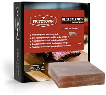 FRITZTOWN Deluxe Grill Salzstein - 20x20x5 cm - Extra Stark - Feiner Geschmack durch Kristallsalz - Exklusive Geschenkbox inkl. Gebrauchsanweisung