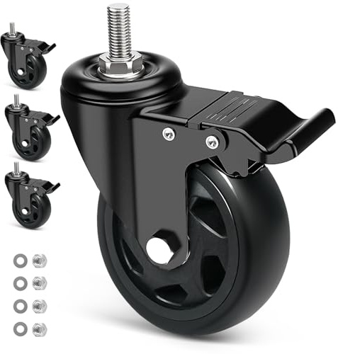 RRIUTO Heavy Duty 125MM Castor Wheels with Brake, Furniture Casters with M12x1.75x30mm Screw Stem, Double Bearing Stem Swivel Wheels for Furniture, Set of 4 PU Trolley Castors up to 650kg