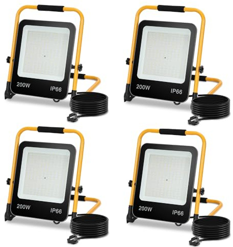 Daromigo 4 Stück 200W LED Baustrahler mit stekker und 3M Kabel,Arbeitsleuchte 6000K Kaltweiß,16000LM LED Strahler,IP66 Wasserdichte Baustrahler für Innen- und Außenbaustellen