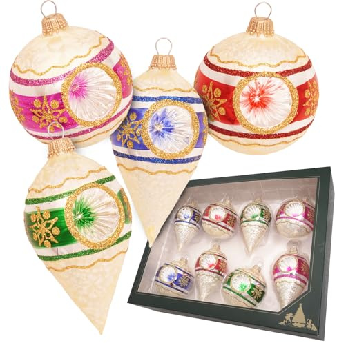 Krebs Glas Lauscha - Weihnachtsdekoration/Christbaumschmuck aus Glas - Reflektor Kugel und Tropfen EIS Bunt - Farbe: Champagner - Größe: ca. 7-10 cm