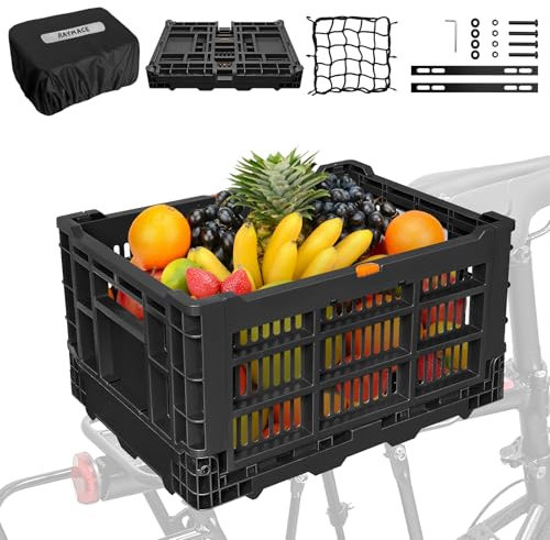 RAYMACE Bike Basket Rear, Foldable Bicycle Basket, Rear Bike Basket Large Capacity, Bike Baskets with Waterproof Cover & Cargo Net for Daily Shopping,Outings,Dogs Bike Accessories(Black)