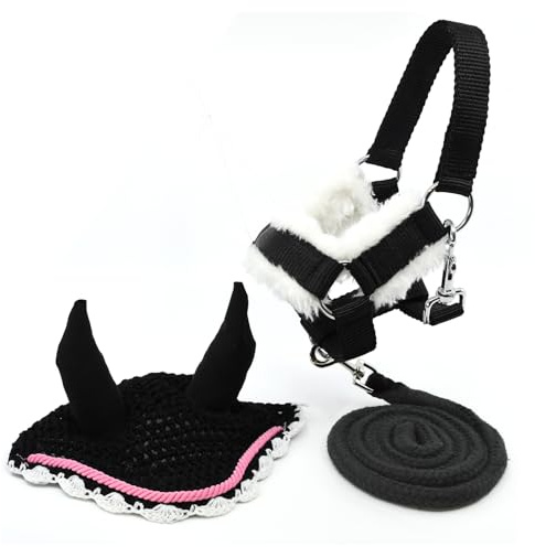 Hobby Horse Zubehör-Set Halfter mit Führstrick und Insektenhaube – Größe A4 und A3 (Schwarz und Rosa)