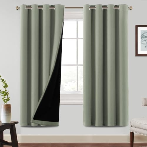 BellaHills 100% Blickdichte Vorhänge mit Ösen Gardienen 2er Set Wärmeisolierende Vorhänge Wohnzimmer Thermovorhang gegen Kälte Verdunkelungsvorhang, H 225 x B 140 cm, Salbei hell