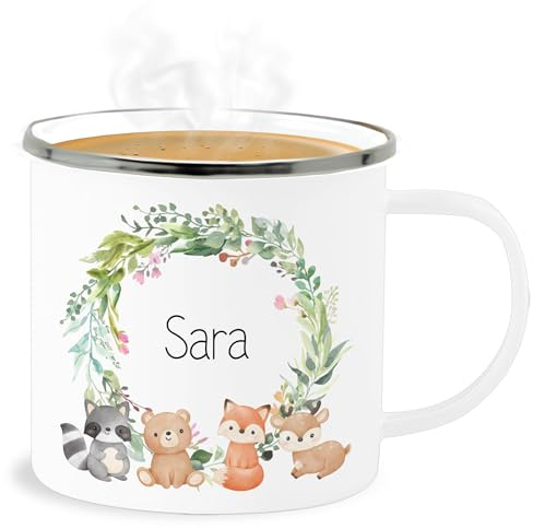 Emaille Becher Blechbecher - Tiere - Kinder Geschenk süße Waldtiere mit Name I Geschenk Kindertag I Waschbär I Fuchs I Bär I Reh - 300 ml - Weiß Silber - mug kindergarten