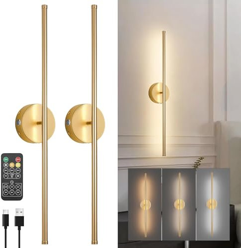 WYQSX 2 Stück LED Akku Kabellose Wandleuchte mit Fernbedienung, USB-C Wiederaufladbar Wandlampe mit Timing-Funktion, 6W Touch Dimmbar Wandleuchten mit Batterie, für Schlafzimmer, Treppe (Gold)