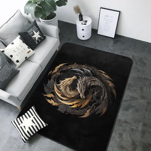Alfombra de metal vintage con diseño de dragón para sala de estar, dormitorio, 5 x 7 pies, suave, lavable, antideslizante, decoración estética para interiores