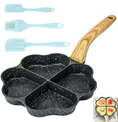 WANDGU Poêle à œufs en forme de cœur à 4 trous : moule à omelette antiadhésif, poêle à œuf, poêle multifonctionnelle en aluminium antiadhésif, poêle à frire à induction, petites poêles pour le petit