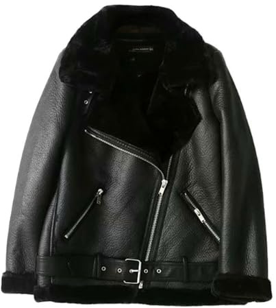 Giacca da donna in pelle invernale in finta pelliccia corta giacca da motociclista con risvolto cerniera bomber aviatore cappotto, Nero A1, L