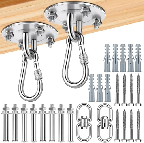 FoiiLiio Deckenhaken für Holzbalken/Betondecke 2 Stück Deckenhaken Hängesessel 360°Dreh Deckenhalterung Schaukelhaken 400KG Kapazität Deckenhaken für Boxsäcke Hängematte- Edelstahl
