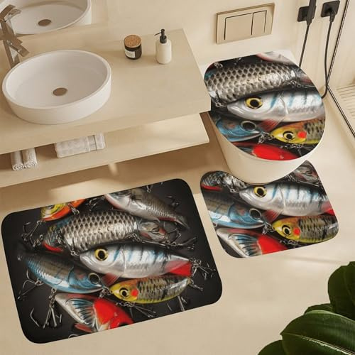 rutschfeste 3 Badteppich Set Angelköder Badematte 3-TLG Langlebige Wasserabsorbierend Badgarnitur Badematten, Für Badewanne, Dusche, Wc-Sitz Bezug