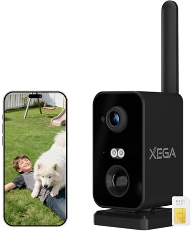 Xega 4G LTE Camera Surveillance avec Carte SIM, 2K Caméra sans Wi-FI Extérieur/Interieur,Pan 180,Batterie 10000mAh,Détection Humaine PIR,Vision Nocturne Couleur,Audio Bidirectionnel, Voyage/Camping