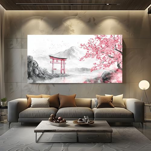 ZORYAN Grand Tableau pour Salon Japonais Fleurs de Cerisier Decoration Murale Moderne Peinture Mont Fuji Impression sur Toile, Cadre Decoratif pour Chambre Bureau Oriental Torii Art Mural 60x120 cm