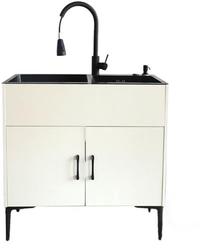Évier De Service Noir/Blanc À Double Fente, Meuble De Salle De Bain Avec Lavabo, Évier De Cuisine Professionnel Pour Restaurant, Ensemble De Meubles Muraux Avec Étagères -White Pull-out-78*43cm
