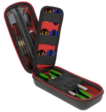 USA Gear Dart Case Holster - 3 Dart Case for Soft Tip Darts with Storage for Plastic Tips, 12 Flight Slots, Shafts & more Accessories - Locking Foam Design, Zippered Puncture Resistant Pocket (Red)