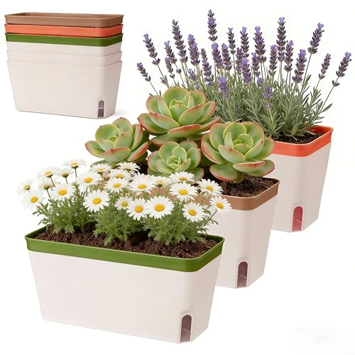 Otopone 3 Pack Self Watering Plant Pot Indoor, Herb Planter with Water Absorption Strips, Rectangular Plastic Flower Pots for Windowsill Kitchen and Garden