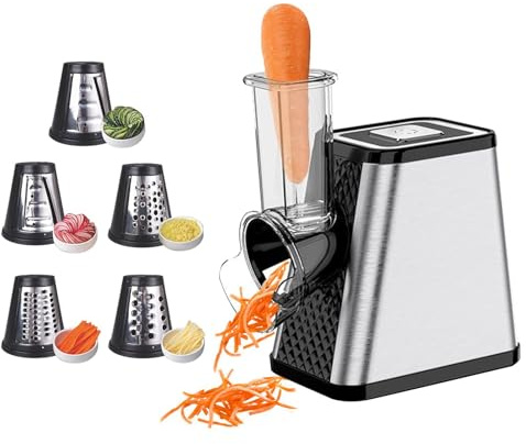 Gemüseschneider Elektrisch 5-in-1, 500W Elektrischer Gemüsehobel mit 5 Edelstahl-Klingen für Käse, Gemüse, Obst – Elektrische Küchenreibe & Gemüsereibe