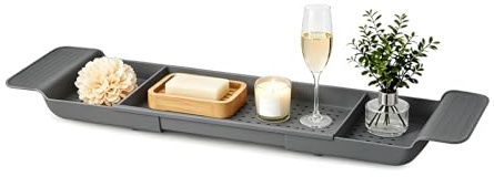 ARATERVIO Verstellbares Badewannen-Tablett 56–78 cm – Teleskop Badewannenablage mit Ablauföffnungen, erweiterbarer Badewannen-Organizer für Wein, Bücher, Tablets, Handy & Kerzen (Schwarz)
