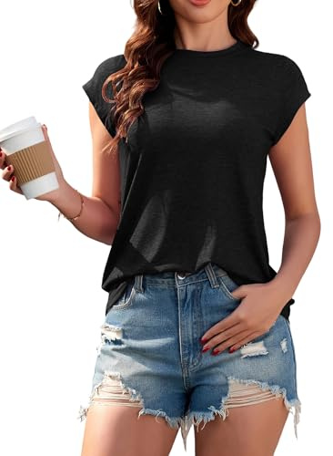 SENBATU t-shirt damer toppar sommar rund hals toppar damer elegant basic blus kortärmad linne affärskläder ledig, svart, L