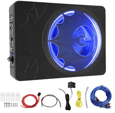 Aramox 10inch 1200W Slim Under Seat Subwoofer, Under Seat Powered Car Subwoofer with Built in Amp LED Light Remote Control for Car Truck SUV (Blue)