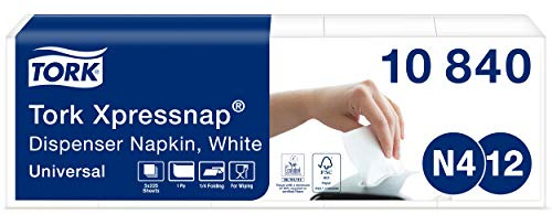 Tork 10840 Tovaglioli intercalati per dispenser Xpressnap Universal, sistema N4, 1 velo, 8 pacchi x 1125 tovaglioli (9000pz), 21,3 cm (lungh.) x 33 cm (largh.), bianco