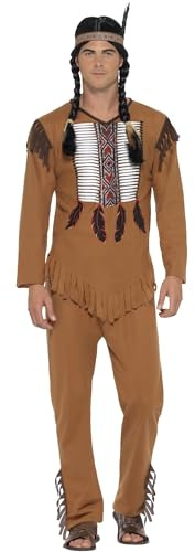 Smiffys Indianer inspiriertes Kriegerkostüm, braun, mit Oberteil, Hose & Stirnband, Cowboys und Indianer Fasching, Erwachsenenkostüme