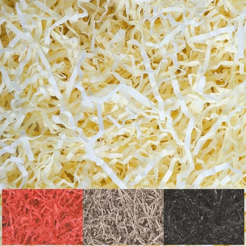 Creative Deco 1kg Virutas Papel Triturado Relleno Cajas Regalo Kraft | Amarillo Crema | Material de Embalaje para Cesta, Caja, Paquete, Navidad | Reemplazo de Lana de Madera | Viene en Embalaje Azul