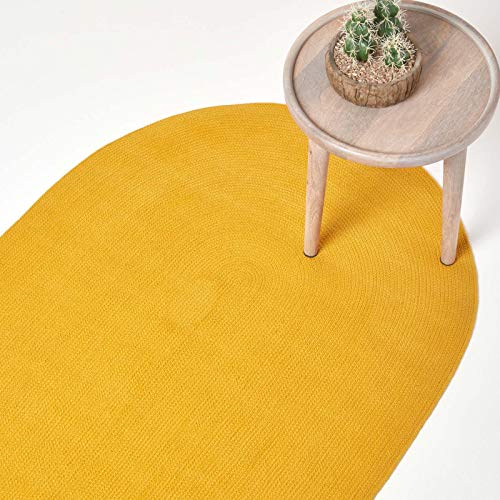 HOMESCAPES - Alfombra Ovalada Artesanal Tejida Plana de algodón Amarillo Mostaza para Dormitorio o Sala de Estar, 50 x 80 cm