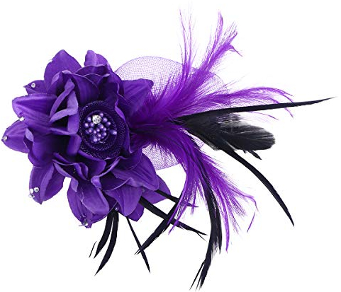 Fascinator Feder Brosche Corsage Haarspange Brosche für Hochzeit Cocktai Party (Lila)