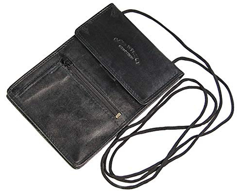 GoBago großer Brustbeutel Leder Brusttasche Reisepass Umhängebeutel für Reiseunterlagen (Schwarz)