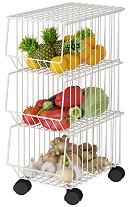 XXSLY Carrello portafrutta a Tre Strati, Cestino per Verdura in Filo Metallico con Ruote e Coperchio, Organizer per Cucina, ripostiglio, Camera da Letto, Bagno