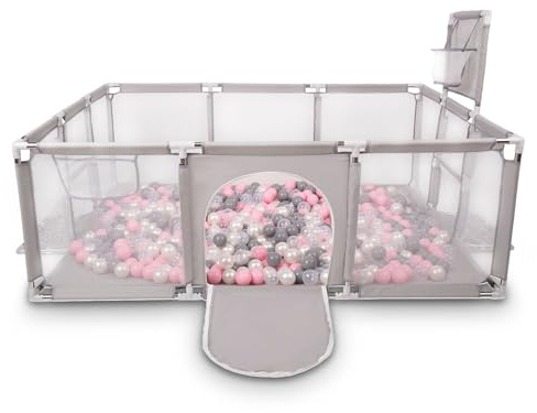 Selonis Laufstall Baby Großer Spielplatz Mit 100 Bälle Laufgitter Für Kinder, Grau:Perle/Grau/Transparent/Puderrosa