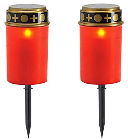 Lanterna solare funeraria a LED, lanterna funeraria per cimitero con effetto fiamme, impermeabile, luci decorative per preghiera spacrificiale rituale di zucca, 2 pezzi (rosso, con tappo)