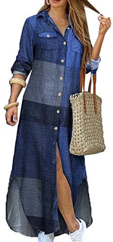 YMING Femme Robe Chemise Imprimée à Carreaux avec Col à Revers Robe Chemisier Fendue Devant avec Boutons Bleu M
