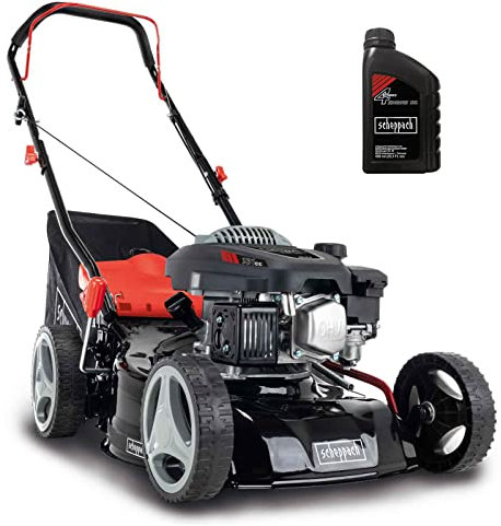 Scheppach Benzin Rasenmäher MP132-42 | Schnittbreite 42cm | 3,3 PS | Stahlgehäuse | Reinigungsfunktion | 45 Liter Fangkorb | Höhenverstellung in 7 Stufen (25-75mm) | inkl. Motoröl
