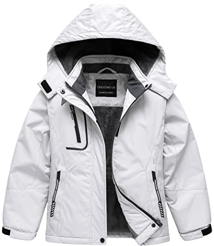 CREATMO US Girl's Waterproof Ski Jacket Warm Winter Fleece Snow Coat Windproof Snowboarding Rain Jacket, White, 10-12 Years