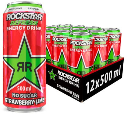 Rockstar strawberry Lime Bebida energética con cafeína y cero azúcar con sabor a limón y fresa, pack de 12 latas de 500 ml, 6 litros en total