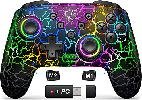 Gammeefy Controladores de interruptor, controlador inalámbrico Switch Pro para Nintendo Switch/Lite/OLED, control remoto LED ajustable de 9 colores compatible con Windows PC/Android/iOS con receptor