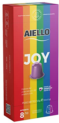 CAFFE' AIELLO 100 Capsule JOY Compatibili con Nespresso, Intensità 8/10, 10 Astucci da 10 Capsule (Alluminio Riciclabile)