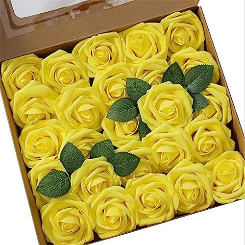 Wambere 25 Stück Künstliche Blumen Rosen Deko Blumen Fake Rosen mit Stielen Schaumrosen Foamrosen Rosenköpfe Gefälschte Kunstrose Rose DIY Hochzeit Blumensträuße Braut Zuhause Dekoration,Gelb