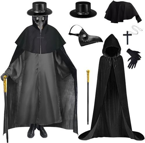 Dhnvcud Pestdoktor Kostüm Herren Pestarzt Kostüm Halloween Mittelalter Steampunk Cosplay Halloween Maske Kostüm mit Accessoire Set für Halloween Karneval Party, Schwarz