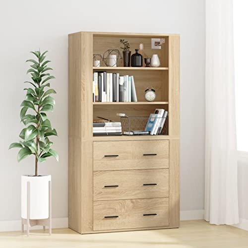 Homgoday Hohes Sideboard aus Holz, Sideboards für Wohnzimmer, Vitrine, Sideboard, mit Schubladen und Schränken, kann platziert werden, Hängevitrine, Eiche Sonoma