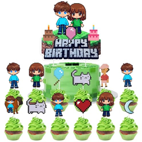 YOGARTH 19 piezas de decoración de pasteles de píxeles para niños, videojuegos, decoración de cumpleaños infantil, decoración de tartas, decoración de cumpleaños para niños, decoración de cumpleaños