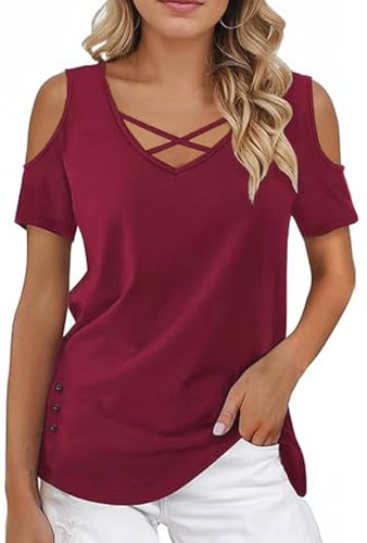 Rayson Sommartröjor för kvinnor Blusar T-shirts V-ringad kortärmad elegant off-shoulder korsad t-shirt casual enfärgad topp, Vinröd, M